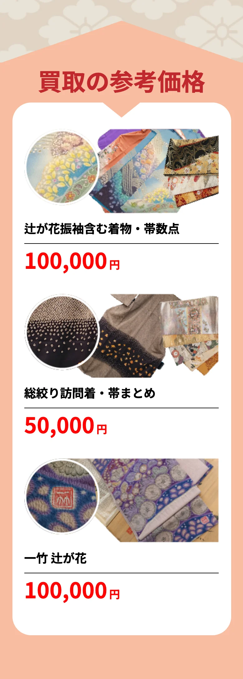 ハッピープライスの買取の参考価格(辻が花振袖含む着物・帯数点10万円など)